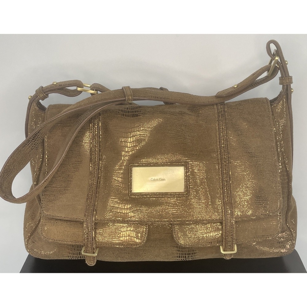 Vintage Calvin Klein Crossbody Bag Purse Y2K Designer Metallic Embossed Gold